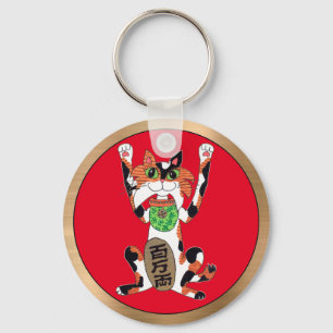 Maneki Neko Lucky Cat both Paws Rayed Red Gold Sleutelhanger