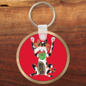 Maneki Neko Lucky Cat both Paws Rayed Red Gold Sleutelhanger (Voorkant)