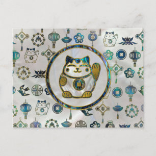 Maneki Neko Lucky cat op parels en op zeeoren Briefkaart