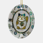 Maneki Neko Lucky cat op parels en op zeeoren Keramisch Ornament (Rechts)