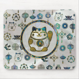 Maneki Neko Lucky cat op parels en op zeeoren Muismat