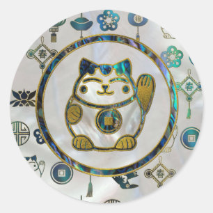 Maneki Neko Lucky cat op parels en op zeeoren Ronde Sticker