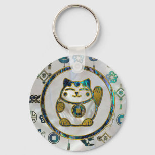 Maneki Neko Lucky cat op parels en op zeeoren Sleutelhanger