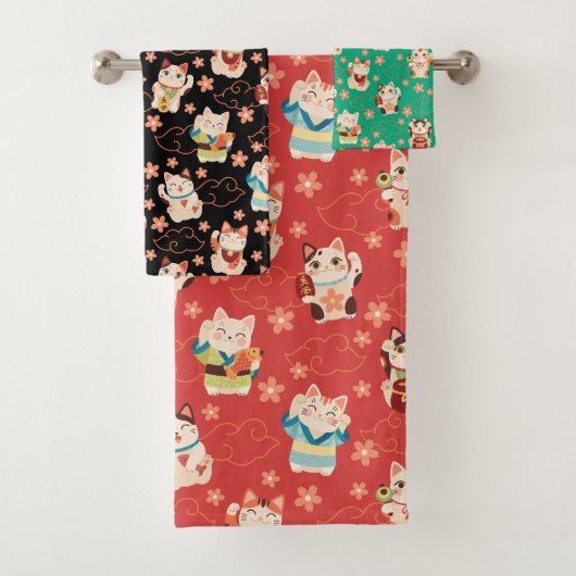 Maneki Neko Lucky Cats Badhanddoekenset Bad Handdoek (Insitu)