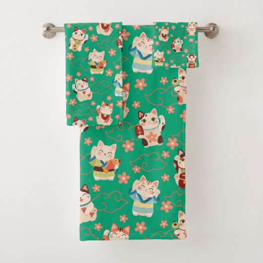 Maneki Neko Lucky Cats Bath Towel Set Bad Handdoek (Insitu)