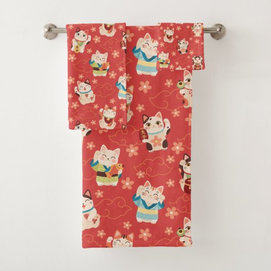 Maneki Neko Lucky Cats Bath Towel Set Bad Handdoek (Insitu)