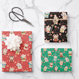 Maneki Neko Lucky Cats Inpakpapier Set Vel