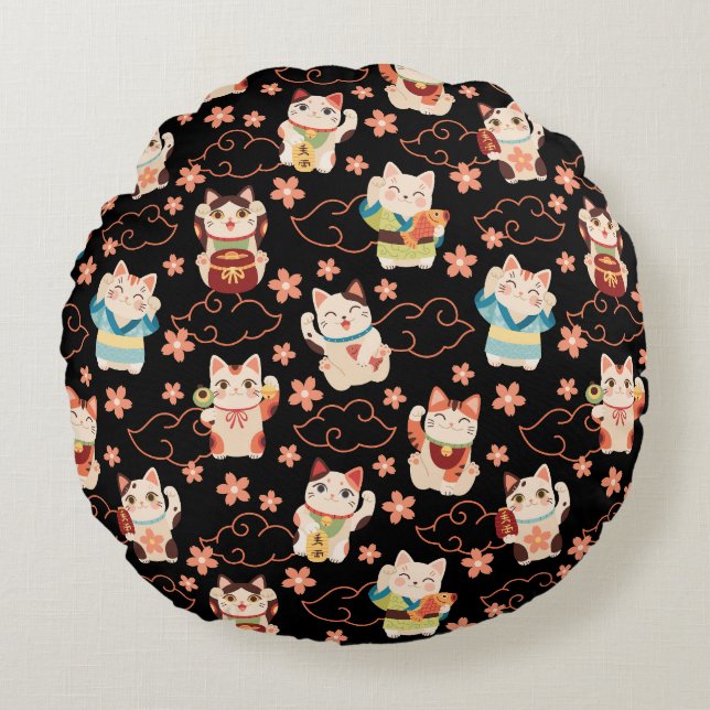 Maneki Neko Lucky Cats Rond Kussen (Voorkant)