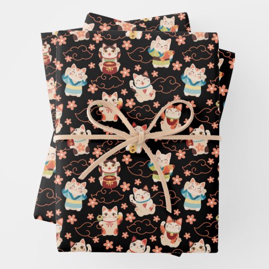 Maneki Neko Lucky Cats Wrapping Paper Set (In situ)