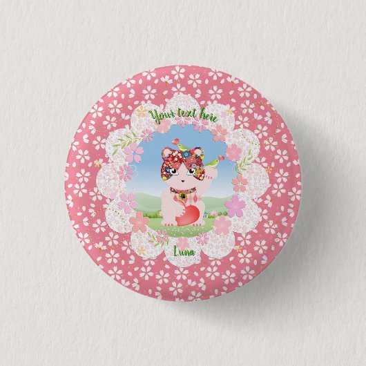 Maneki Neko Lucky Luna Ronde Button 3,2 Cm (Voorkant)