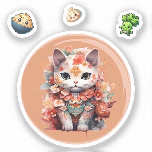 Maneki Neko met bloemen Sticker (Voorkant)