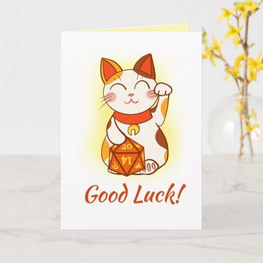 Maneki Neko met D20 RPG Dice Good Luck Kaart (Gele Bloem)