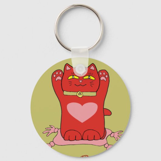 Maneki Neko Red Cat met hart Sleutelhanger (Voorkant)