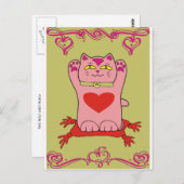Maneki Neko Roze Kat met hart Briefkaart (Voorkant / Achterkant)
