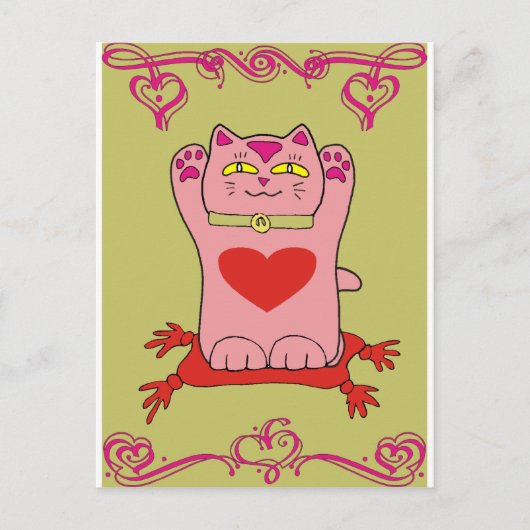 Maneki Neko Roze Kat met hart Briefkaart (Voorkant)