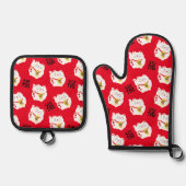 Maneki Neko Schattige Lucky Cat op Rood Ovenwant & Pannenlap Set (Voorkant)
