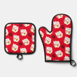 Maneki Neko Schattige Lucky Cat op Rood Ovenwant & Pannenlap Set