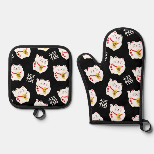Maneki Neko Schattige Lucky Cat Ovenwant & Pannenlap Set (Voorkant)