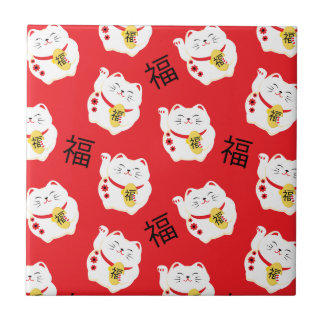 Maneki Neko Schattige Lucky Cat Rood en Wit Tegeltje