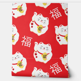 Maneki Neko Schattige Lucky Cat symbool op rood Behang