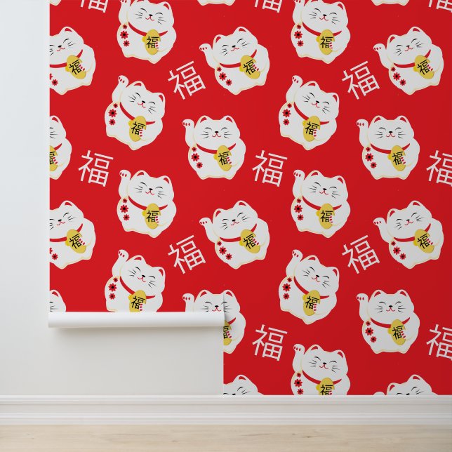 Maneki Neko Schattige Lucky Cat symbool op rood Behang (Applicatie)