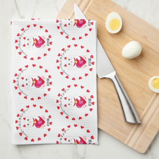 Maneki Neko voor Valentijnsdag Theedoek (Quarter Fold)