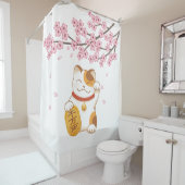 Manekineko Japanse Lucky Cat Cherry Blossom Douchegordijn (In situ)