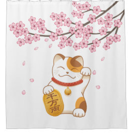 Manekineko Japanse Lucky Cat Cherry Blossom Douchegordijn
