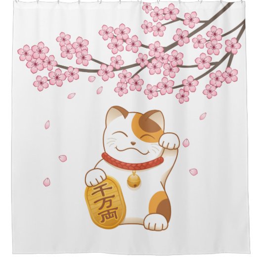 Manekineko Japanse Lucky Cat Cherry Blossom Douchegordijn (Voorkant)