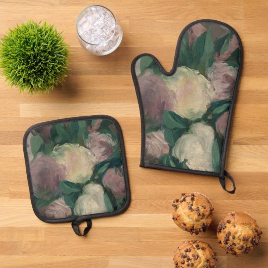 Manet schilderij Pioenrozen in vaas Ovenwant & Pannenlap Set (Top down)