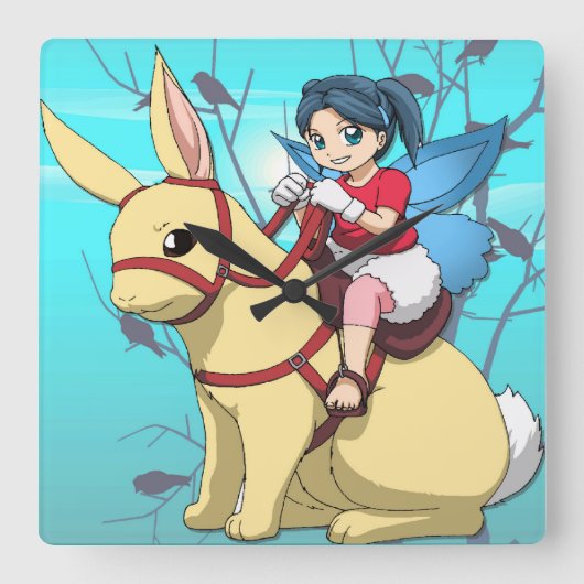 Manga-fee, konijn en rider vierkante klok (Voorkant)