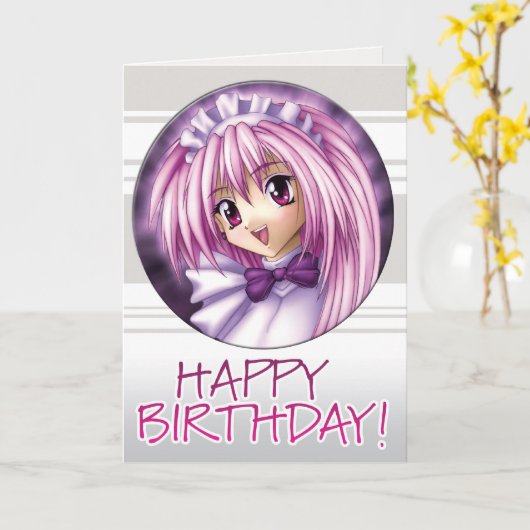 Manga Girl Maid Birthday Kaart (Gele Bloem)