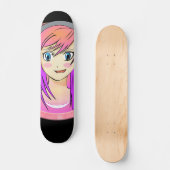 Manga girl, pink hair, blue eyes, blush frame persoonlijk skateboard (Voorkant)