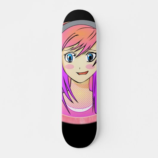 Manga girl, pink hair, blue eyes, blush frame persoonlijk skateboard (Voorkant)