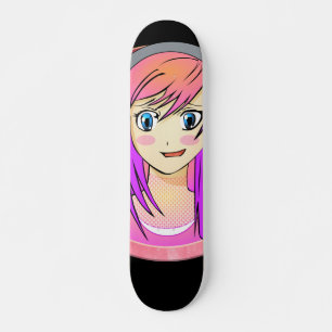  Manga girl, roze haar, blauwe ogen, wazig lijst Persoonlijk Skateboard