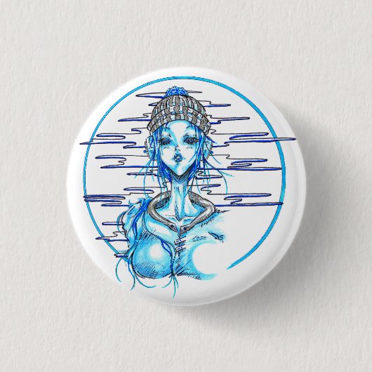 Manga girl snow blue ronde button 3,2 cm (Voorkant)