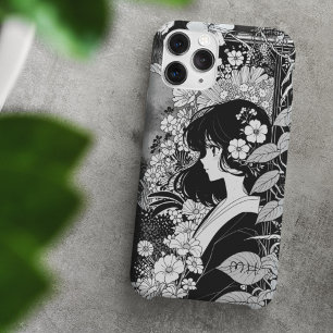 Manga Meisje Bloemen Zwart Wit Monogram Aangepaste iPhone 16 Hoesje