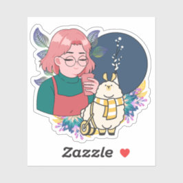 Manga meisje met koffie en lama in rolstoel sticker