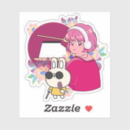 Manga meisje met koptelefoon en blinde konijn sticker