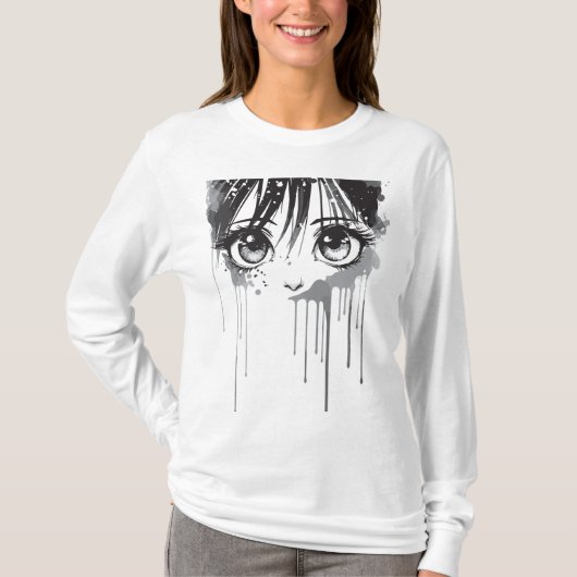Manga meisje met verf-overgoten blik t-shirt (Voorkant)