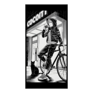 Manga Monochrome Illustratie - Cyberpunk Meisje Perfect Poster