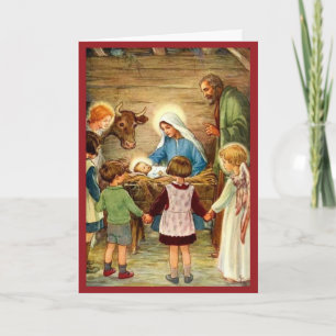 Manger Scene en Kinderen 1930 Mooi Feestdagen Kaart