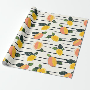 Mango Fruit Print Koraalgeel op Gestreept Ivoor Cadeaupapier