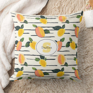Mango Fruit Print Koraalgeel op Gestreept Ivoor Kussen