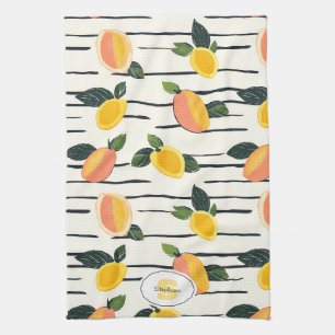 Mango Fruit Print Koraalgeel op Gestreept Ivoor Theedoek