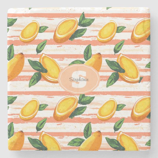 Mango fruitpatroon met groene bladeren stenen onderzetter (Voorkant)