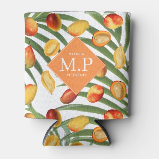  Mango & groen Zomerfruit Monogram Blikjeskoeler (Voorkant)