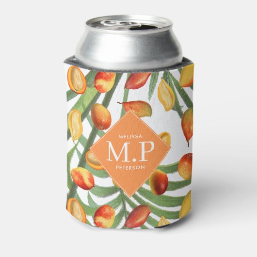  Mango & groen Zomerfruit Monogram Blikjeskoeler (Blikje Achterkant)