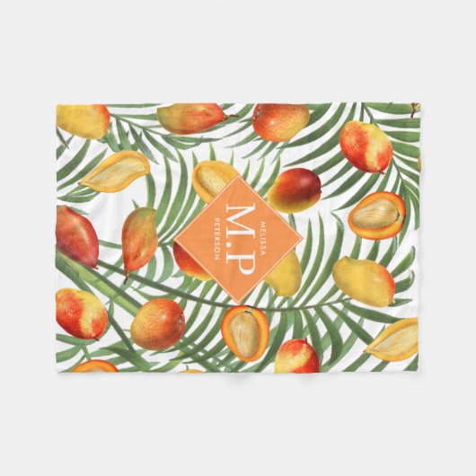  Mango & groen Zomerfruit Monogram Fleece Deken (Voorkant (Horizontaal))