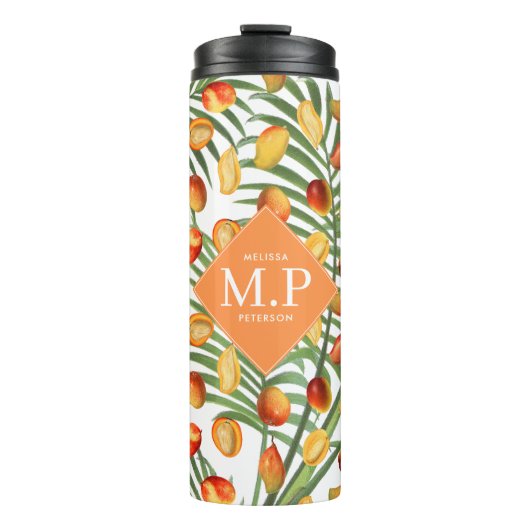  Mango & groen Zomerfruit Monogram Thermosbeker (Voorkant)
